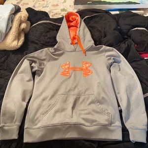 Under armour hooded sweatshirt. Size small. Gray sweatshirt with bright orange